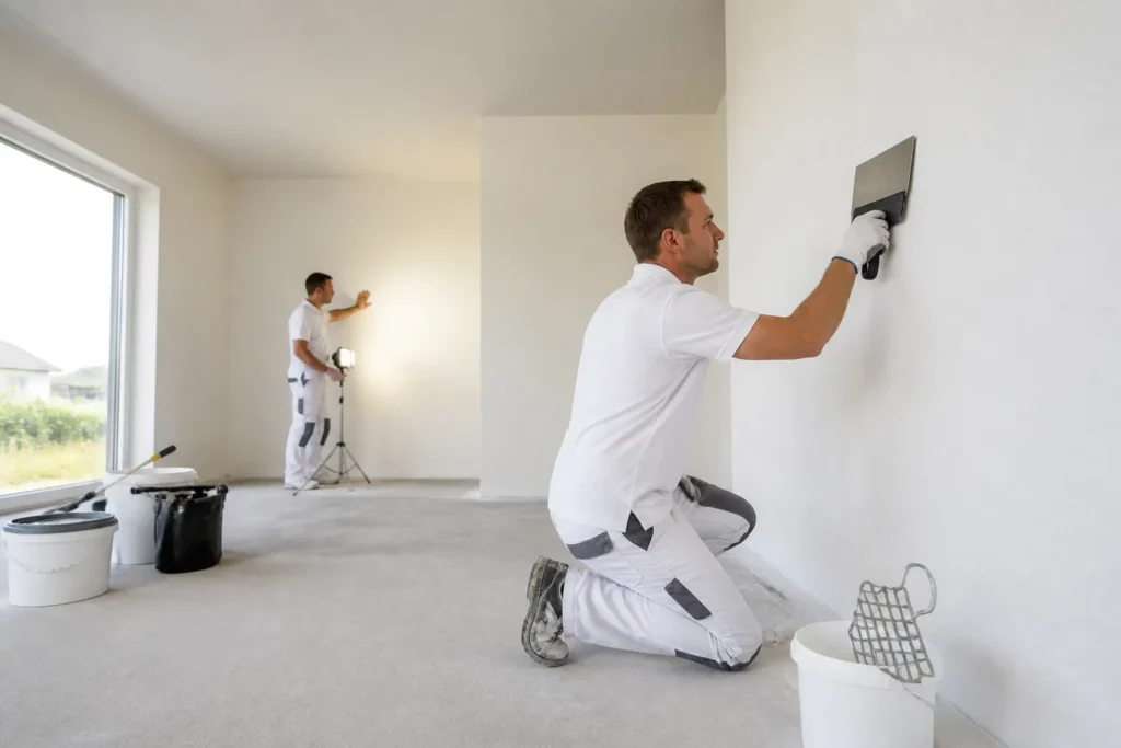 schilder drukt renovlies tegen hoge muur in lichte nieuwbouwwoning met bouwlamp en gereedschap