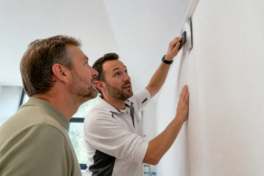 vakman legt met spatel langs renovliesbaan op lichte hoge muur iets uit aan nieuwsgierige bewoner
