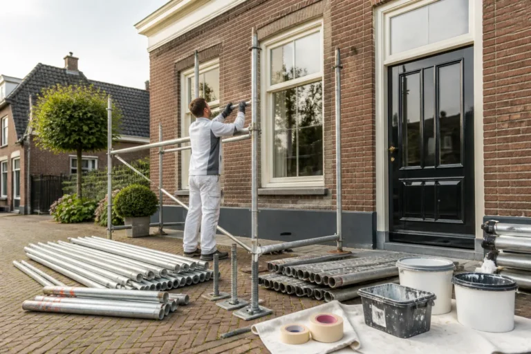 schilder bouwt een steiger op tegen een bakstenen woning met houten kozijnen