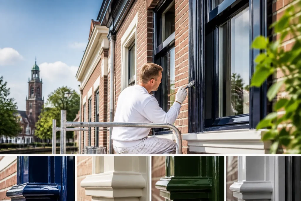 schilder op steiger bij bakstenen woning richt zich op houten kozijnen met strak afgewerkt schilderwerk