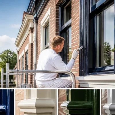 schilder op steiger bij bakstenen woning richt zich op houten kozijnen met strak afgewerkt schilderwerk