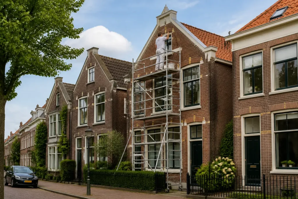 schilder op steiger bij bakstenen woning met houten kozijnen als herkenbaar oriëntatiepunt in woonstraat