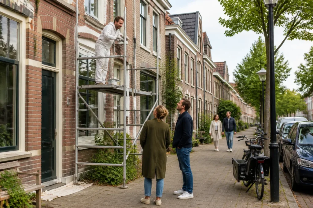schilder op steiger bij bakstenen huis met houten kozijnen in drukke woonstraat met bewoners