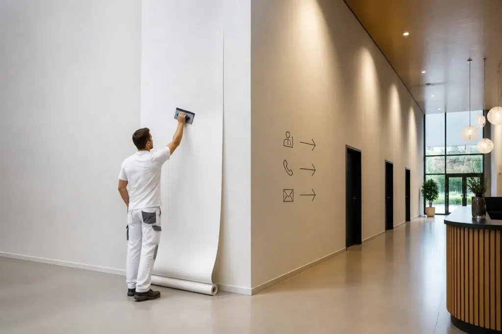 renovliesbaan die strak tegen een hoge lichte muur wordt geperst naast een wand met discrete pijlen