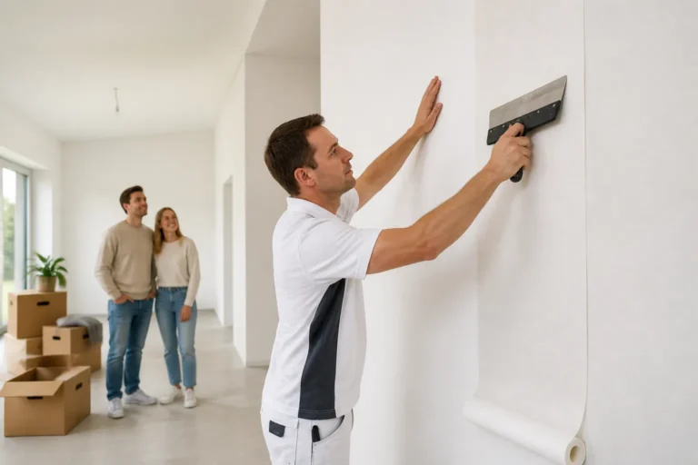 vakschilder perst renovliesbaan strak tegen hoge lichte muur terwijl jong stel hun nieuwbouwwoning bekijkt