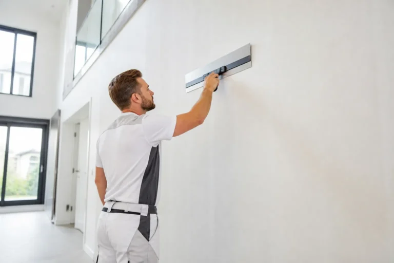 professional drukt renovlies met spatel strak tegen hoge lichte muur in nieuwbouwwoning