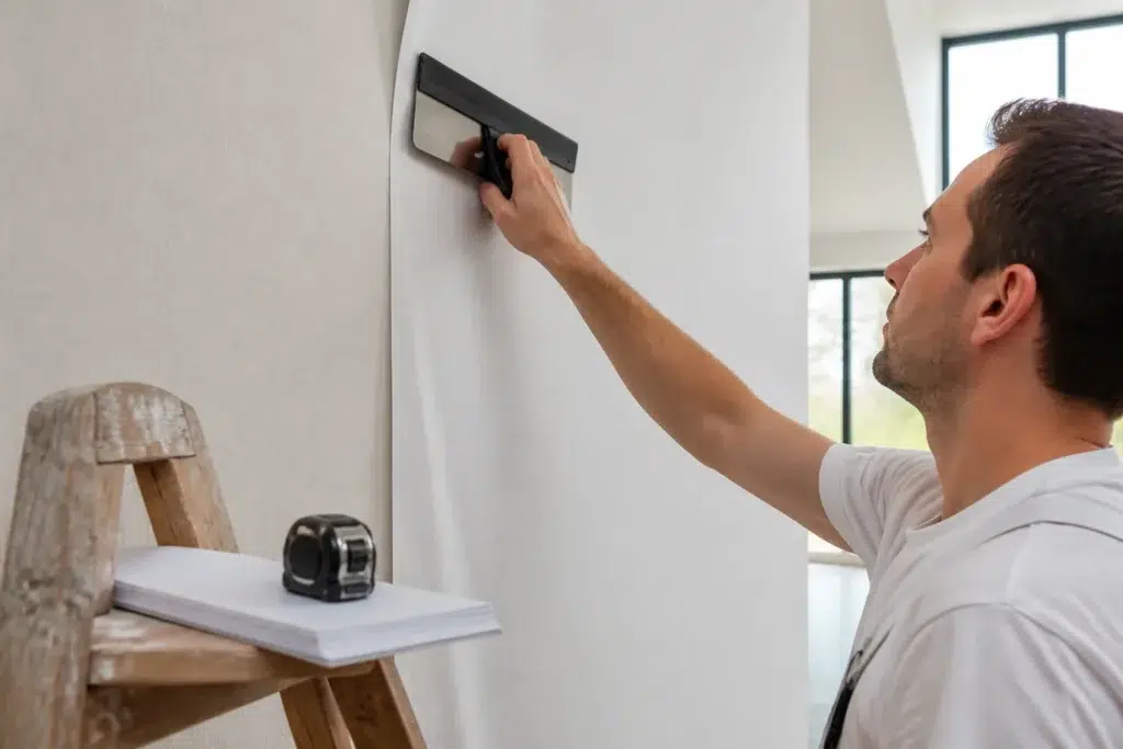 vakman drukt een baan renovlies strak tegen een hoge lichte muur met een spatel, offerte en rolmaat liggen in de buurt