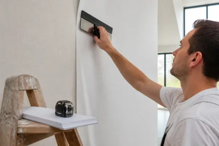 vakman drukt een baan renovlies strak tegen een hoge lichte muur met een spatel, offerte en rolmaat liggen in de buurt