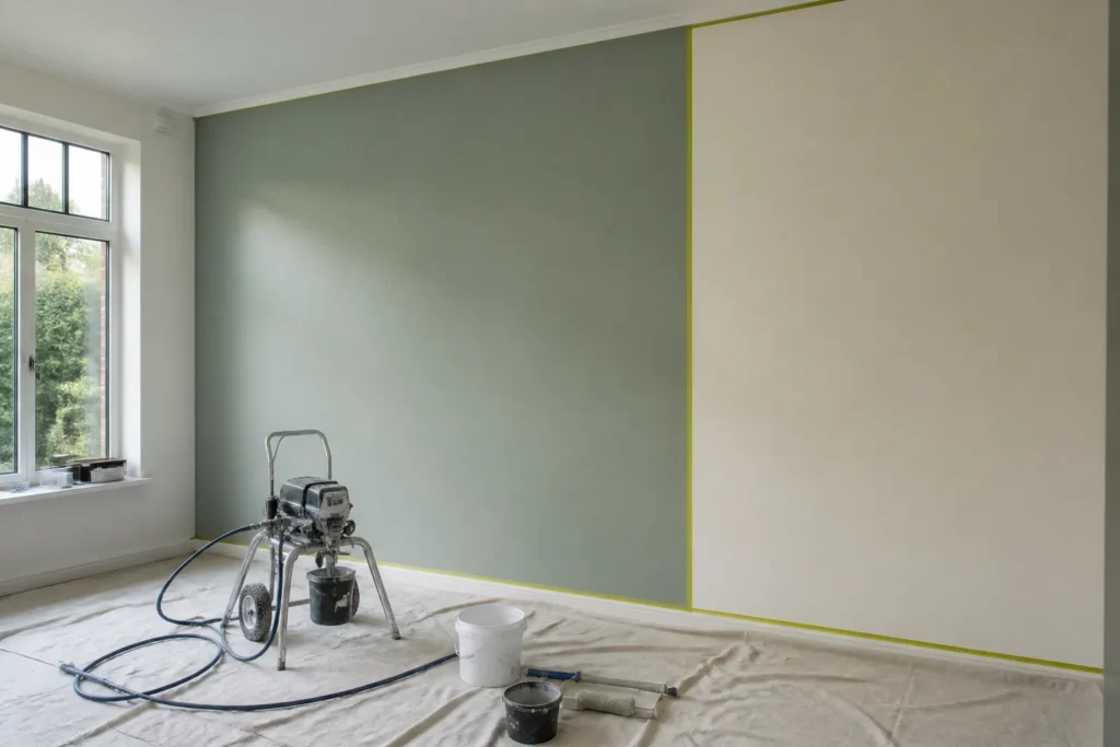 woonkamer met half geschilderde muur, schilderstape, verfspuit en verfroller naast elkaar op afdekdoek