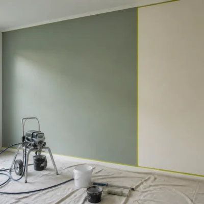 woonkamer met half geschilderde muur, schilderstape, verfspuit en verfroller naast elkaar op afdekdoek
