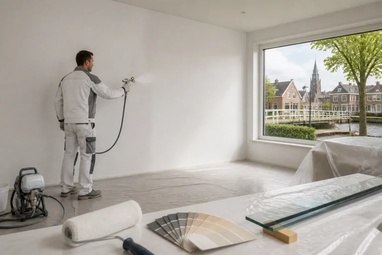 schilder spuit een strakke witte woonkamerwand af met professioneel spuitpistool in woning in dedemsvaart