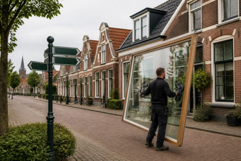 glaszetter tilt met glaszuigers een groot dubbelglasraam in houten kozijn langs rustige straat in Meppel