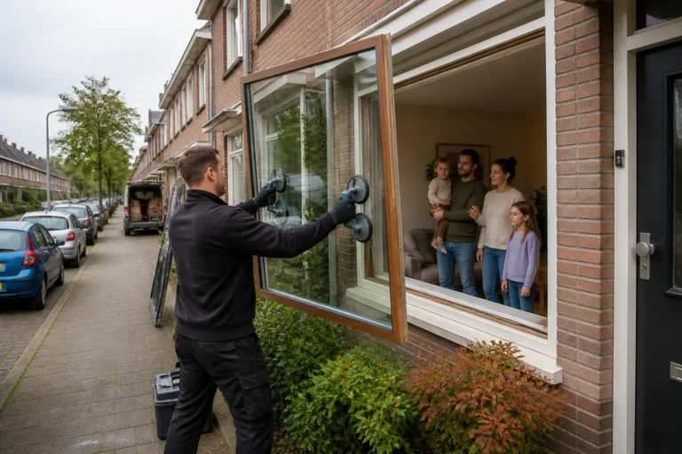 glaszetter die met glaszuigers dubbelglas in een houten kozijn plaatst bij een rijtjeshuis terwijl het gezin binnen toekijkt