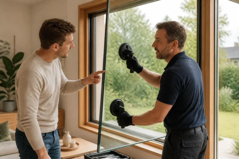 glaszetter legt aan huiseigenaar uit hoe hij met glaszuigers een groot dubbelglasraam in een houten kozijn plaatst