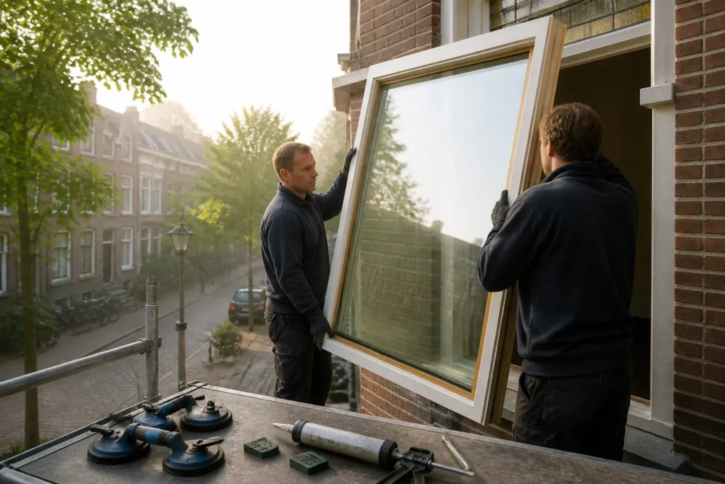 glaszetters plaatsen een groot dubbelglasraam in een houten kozijn van een woning in een Nederlandse woonwijk