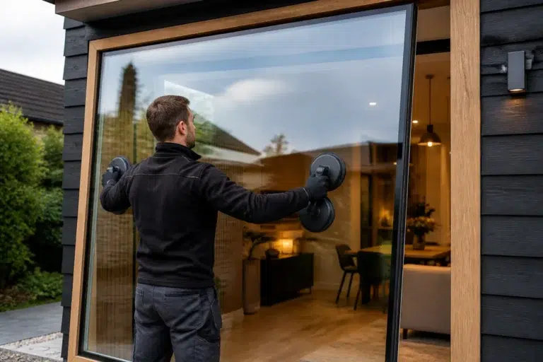 glaszetter tilt groot dubbelglasraam met glaszuigers in houten kozijn van moderne woning