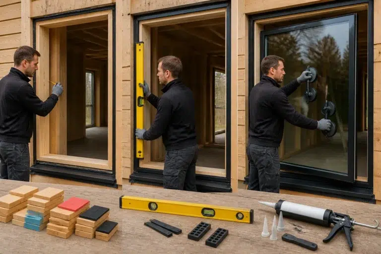 glaszetter tilt met glaszuigers een dubbelglasraam in houten kozijn met gereedschap klaar op de grond