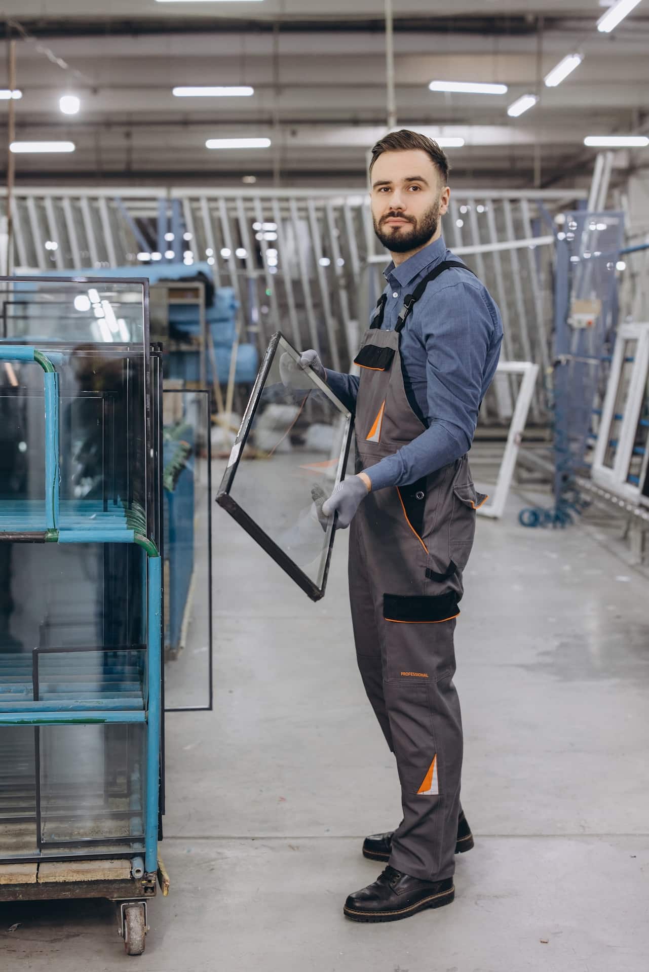 Factory worker holding glass pane for pvc windows and doors production glaszetters goedkoperglas