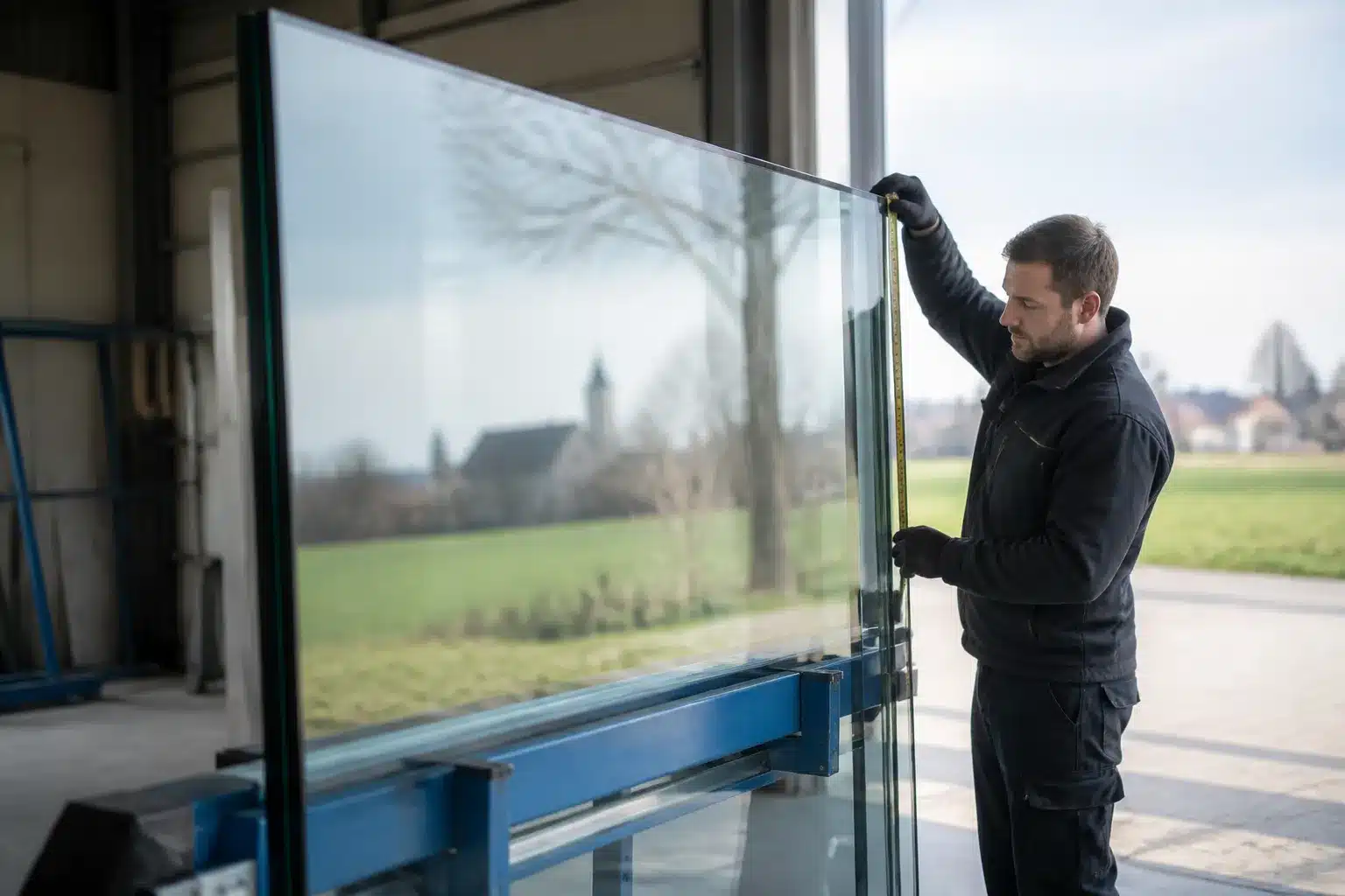 Isolatieglas op maat bestellen in Dalfsen (Gids 2026) monteur meet een grote isolatieglasplaat op een stalen bok in een werkplaats in dalfsen